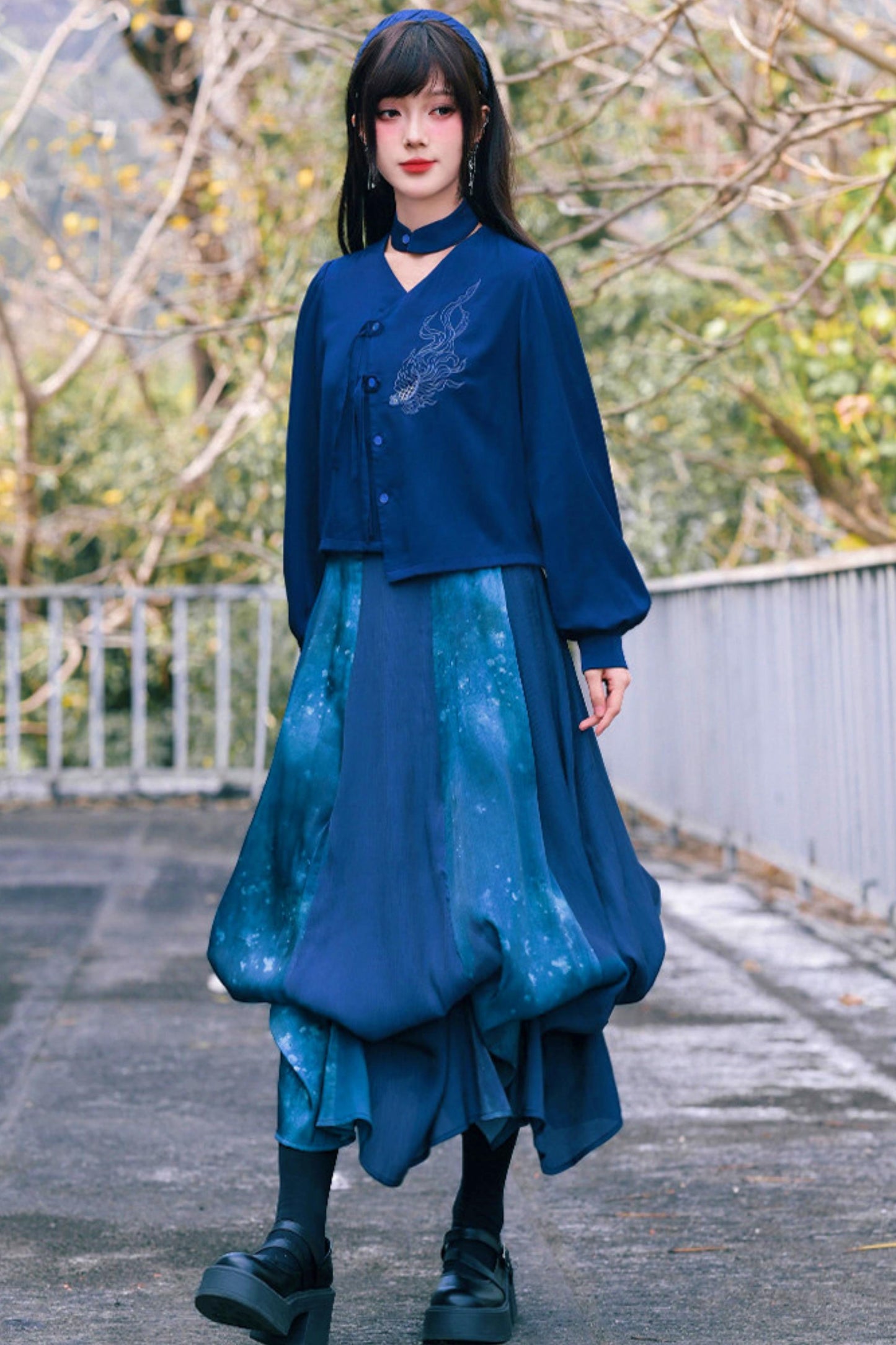 Embroidered Lantern Sleeve Blouse