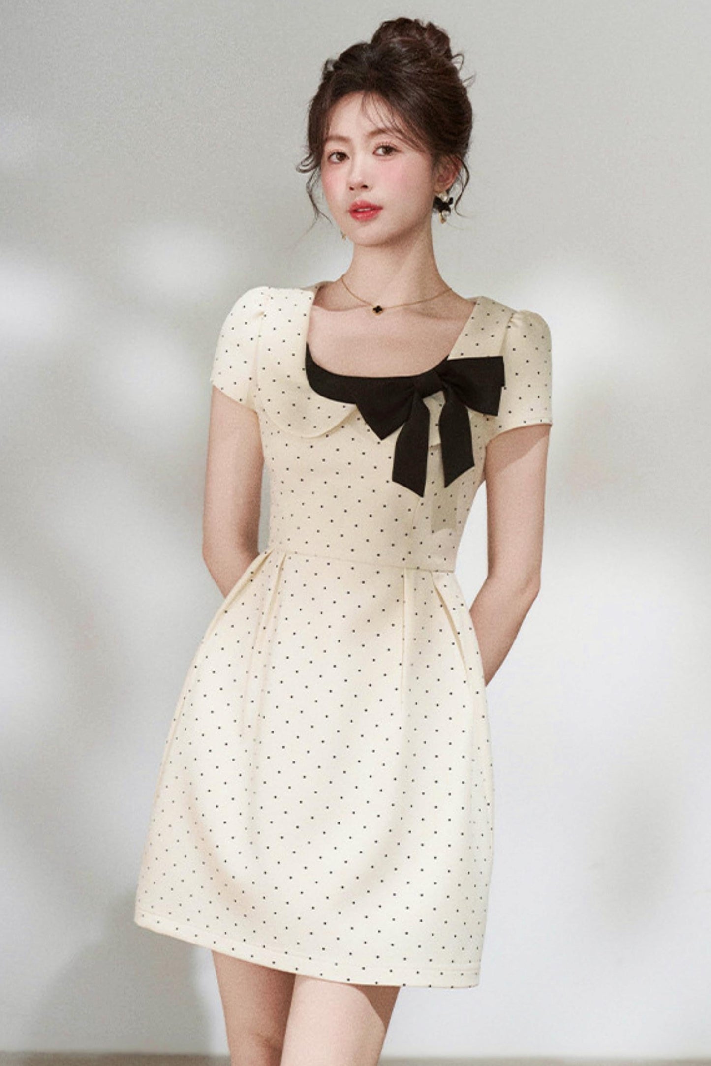 French Girly Ribbon Polka Dot Dress