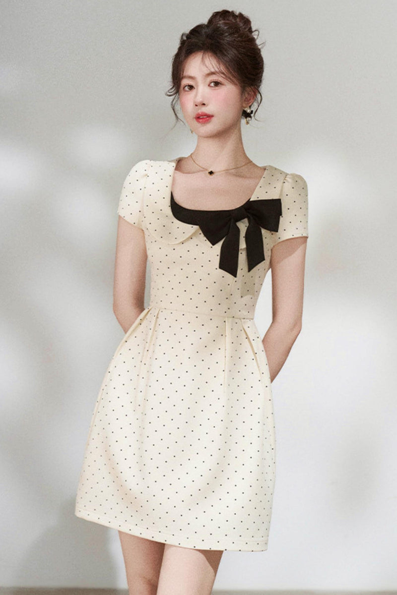 French Girly Ribbon Polka Dot Dress