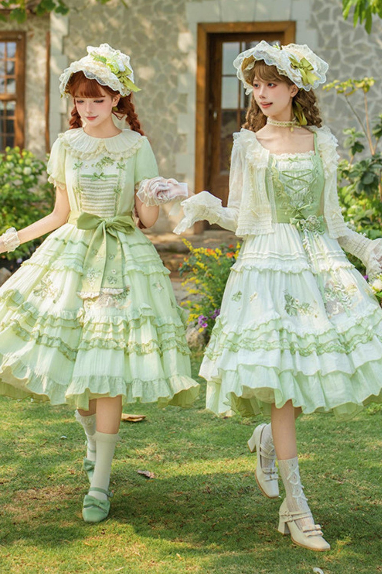 Green Embroidered Lolita One-piece Dress + Cardigan + Hat + Belt + Accessories