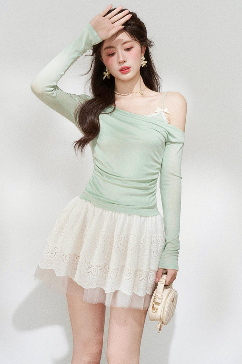 Sweet Green Off-shoulder Knit Top + Skirt
