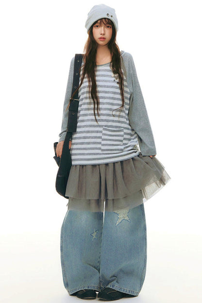 Button Striped Off-shoulder Top