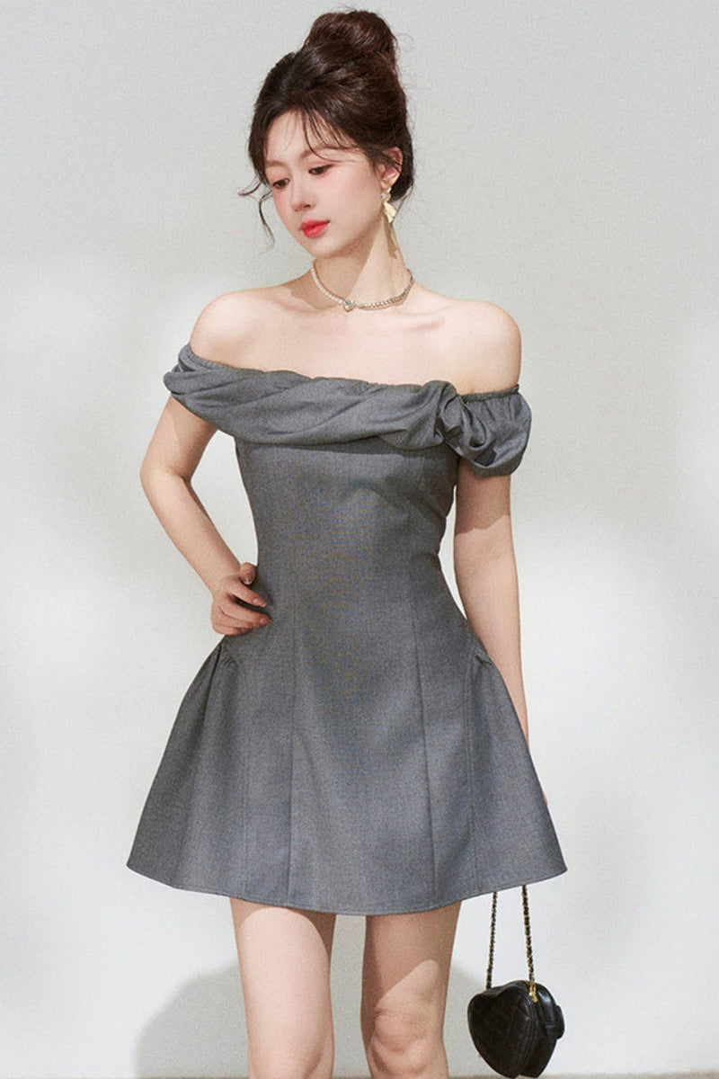 French Gray Off-shoulder Dress