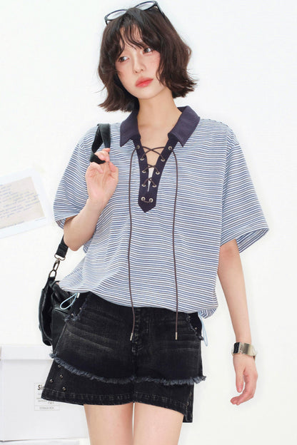 Striped Crop Polo Top