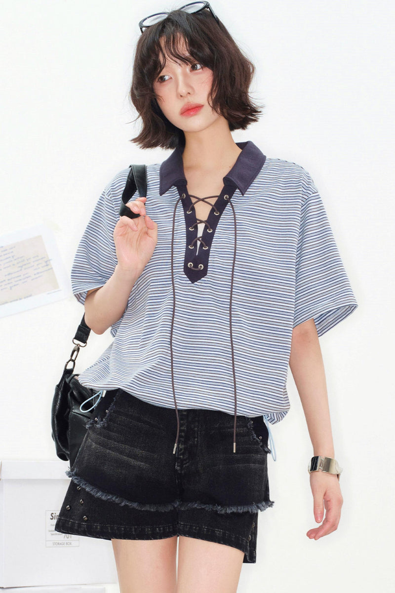 Striped Crop Polo Top
