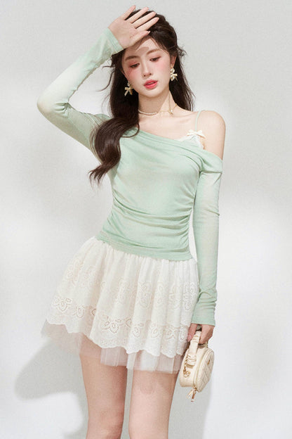 Sweet Green Off-shoulder Knit Top + Skirt