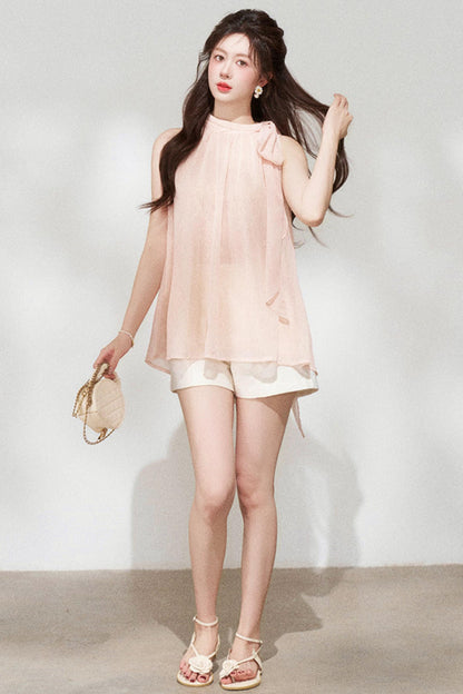 Pink Chiffon Halter Sleeveless Shirt