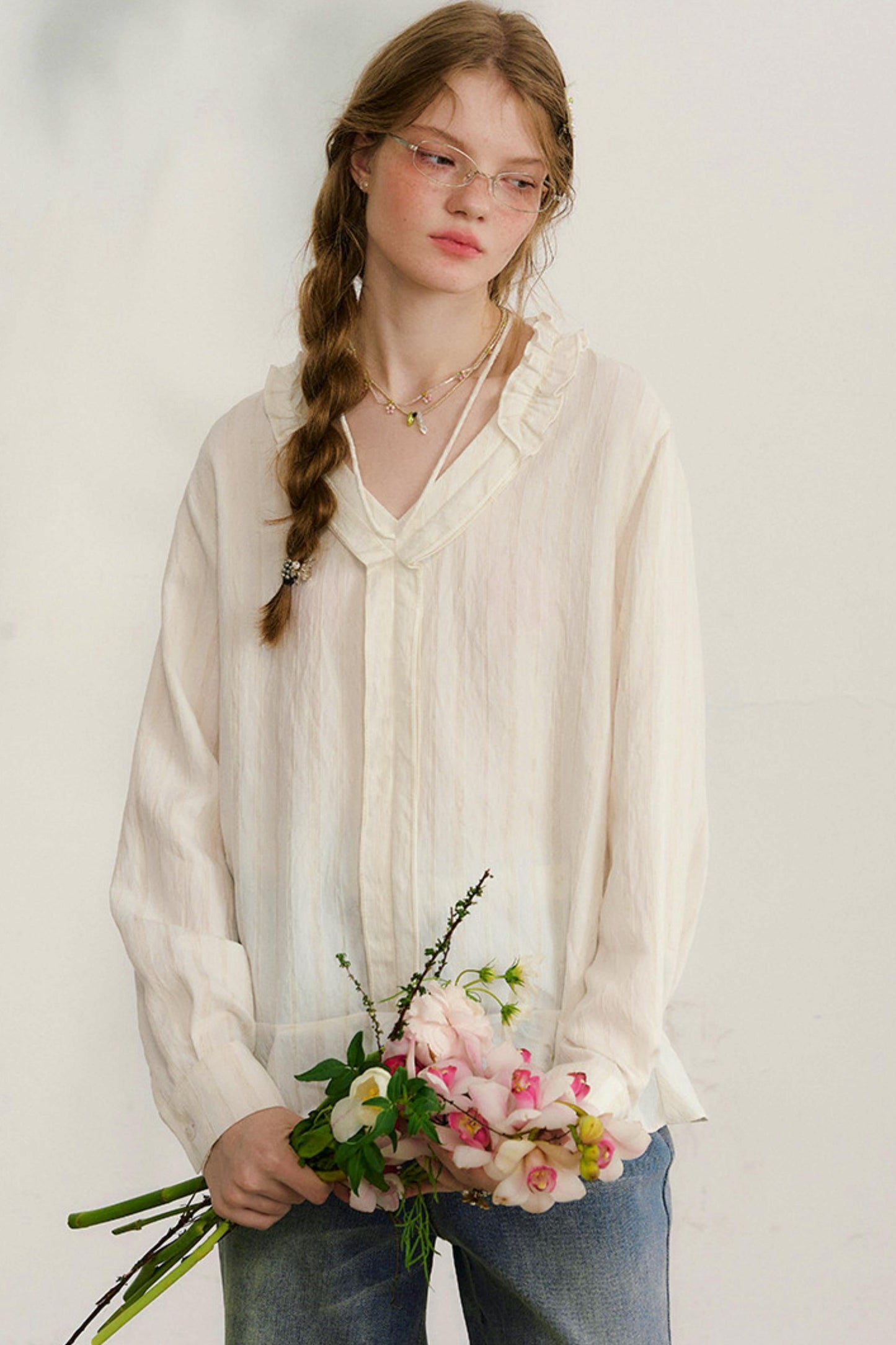 Striped Lace Sleeve Blouse