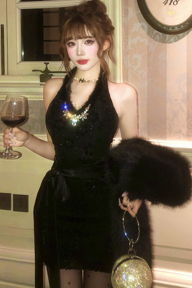 French Style Tight Dress + Fur Coat