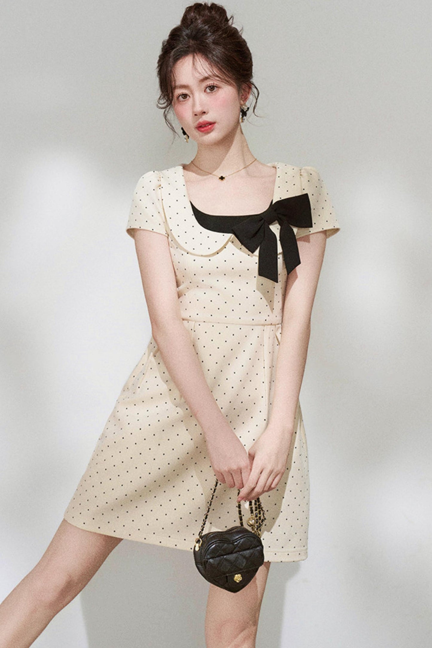 French Girly Ribbon Polka Dot Dress