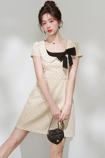 French Girly Ribbon Polka Dot Dress