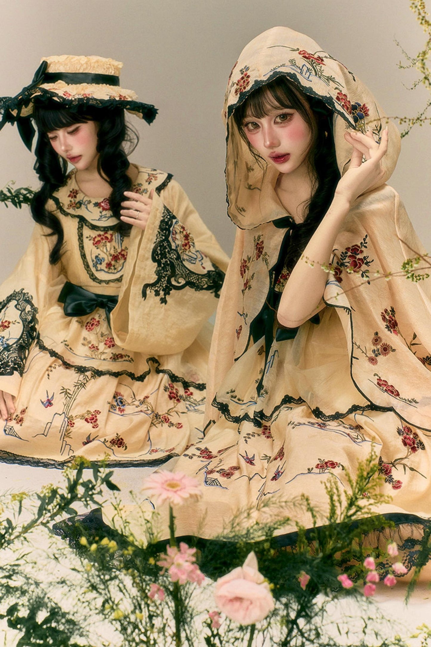 燕と花の和風クラシカルドレス+ケープ+ハット