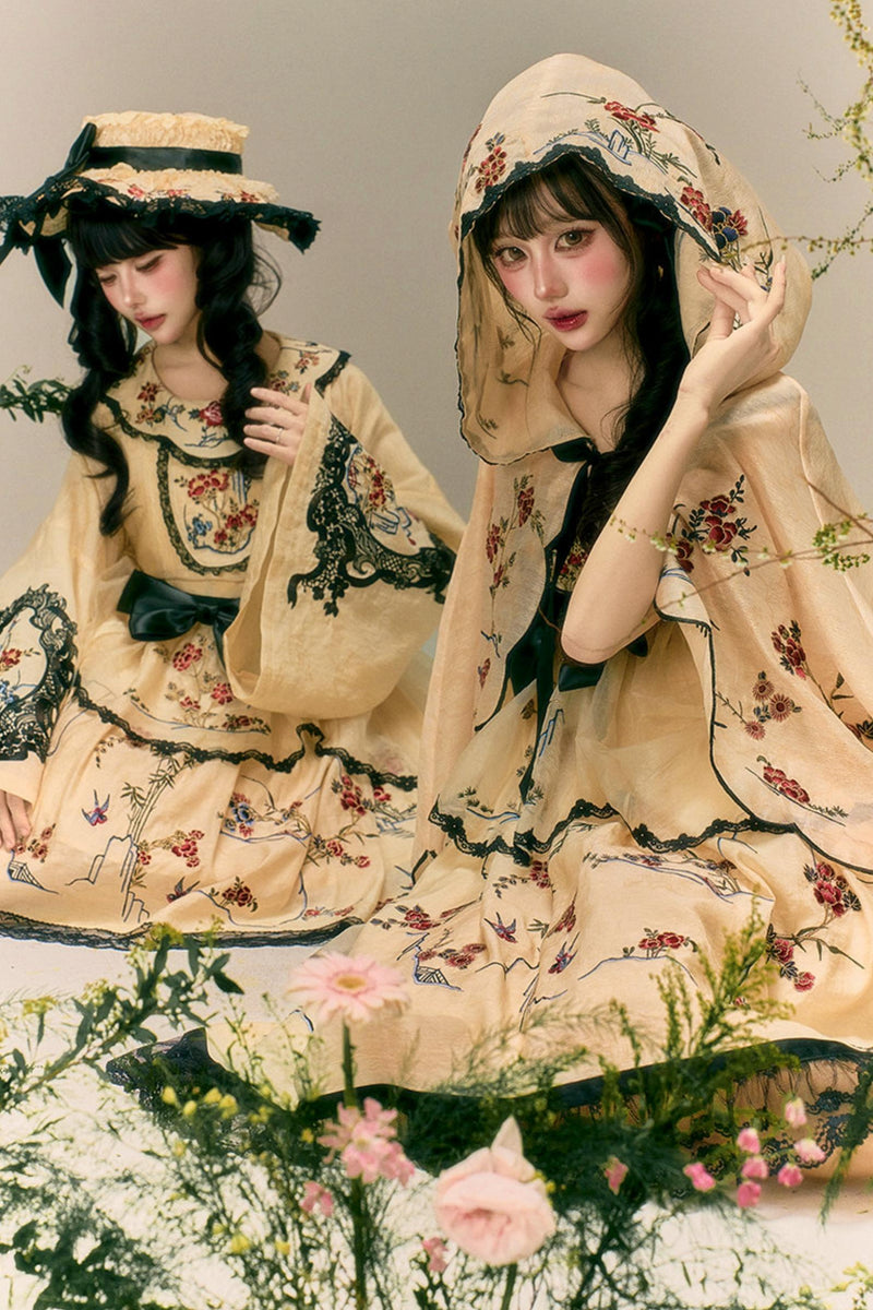 燕と花の和風クラシカルドレス+ケープ+ハット