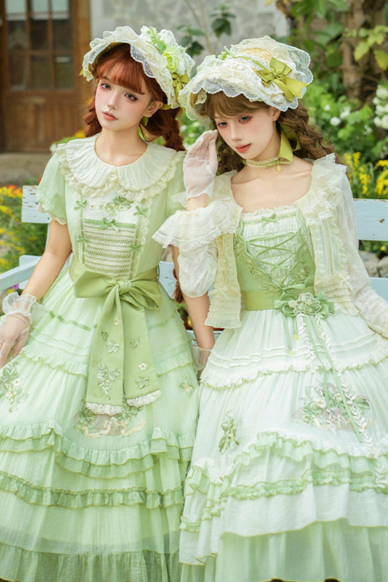 Green Embroidered Lolita One-piece Dress + Cardigan + Hat + Belt + Accessories
