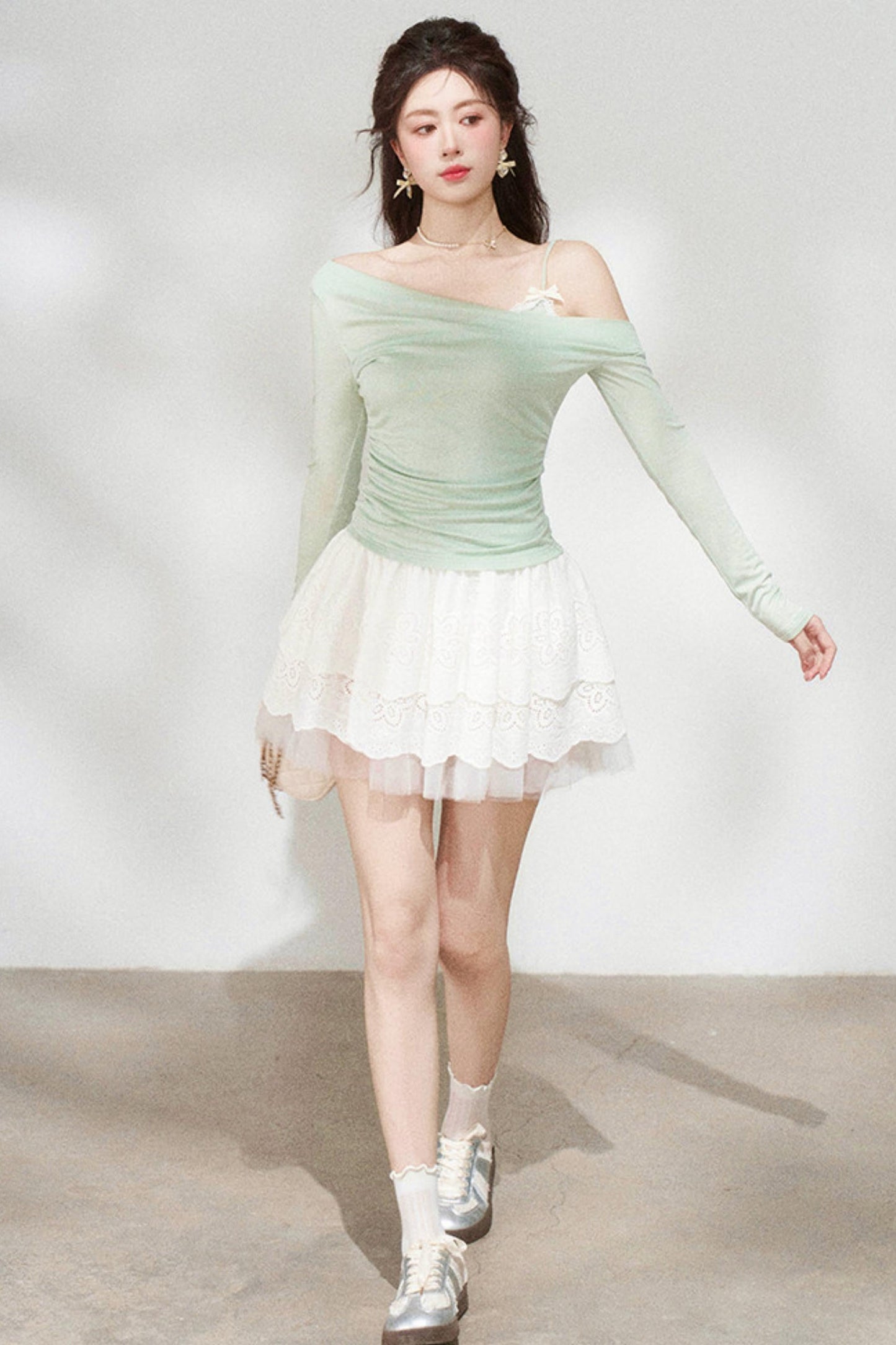 Sweet Green Off-shoulder Knit Top + Skirt
