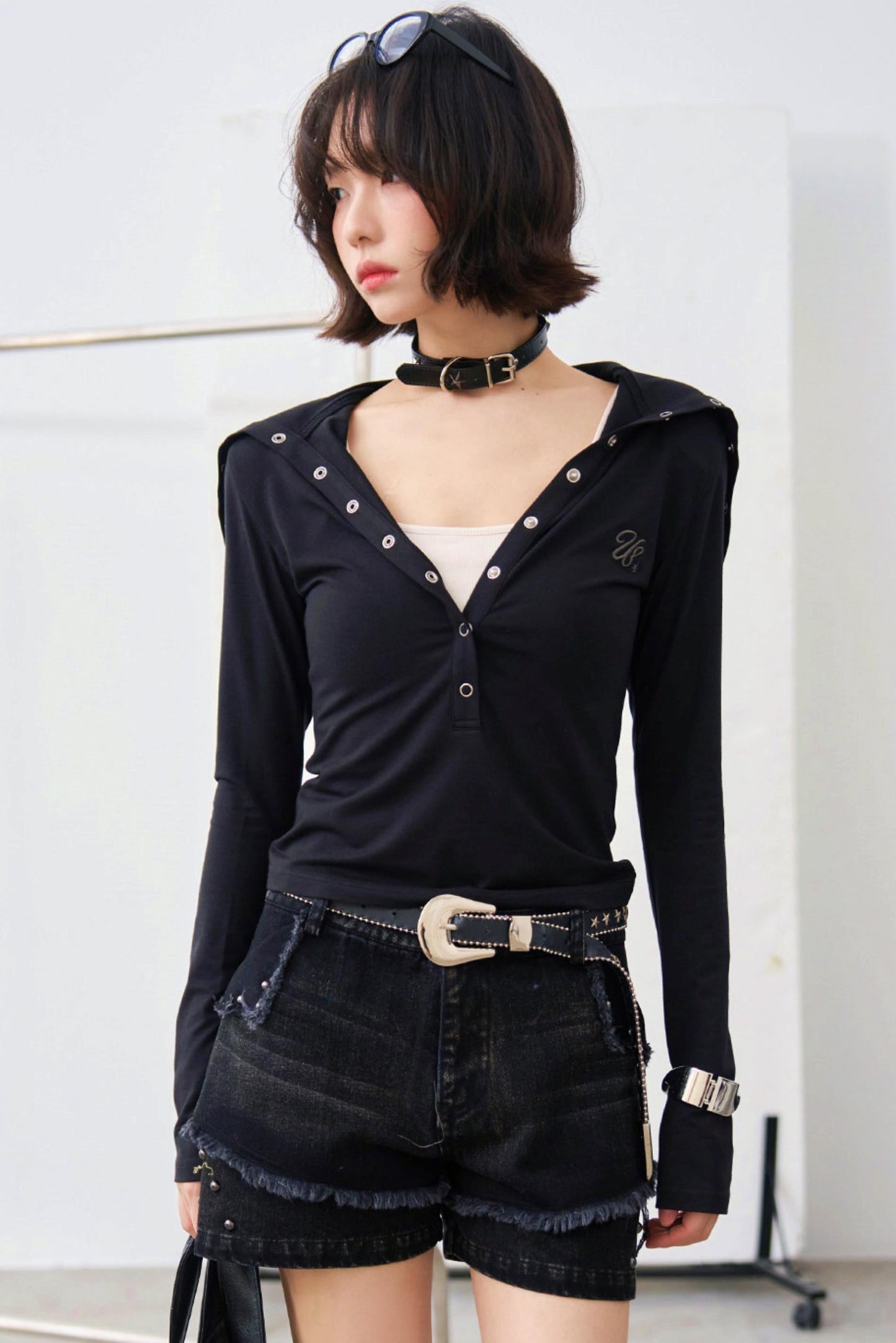 Folded Collar Cut Out Neck Top