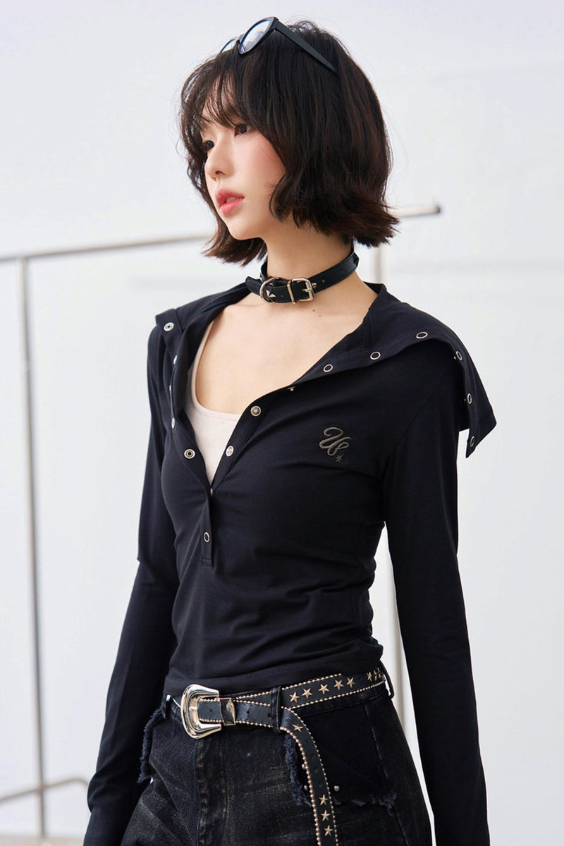Folded Collar Cut Out Neck Top
