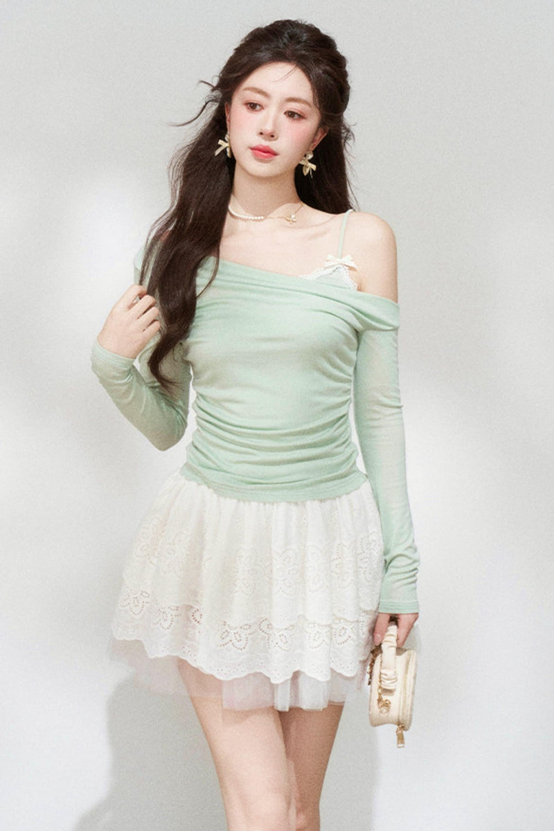 Sweet Green Off-shoulder Knit Top + Skirt