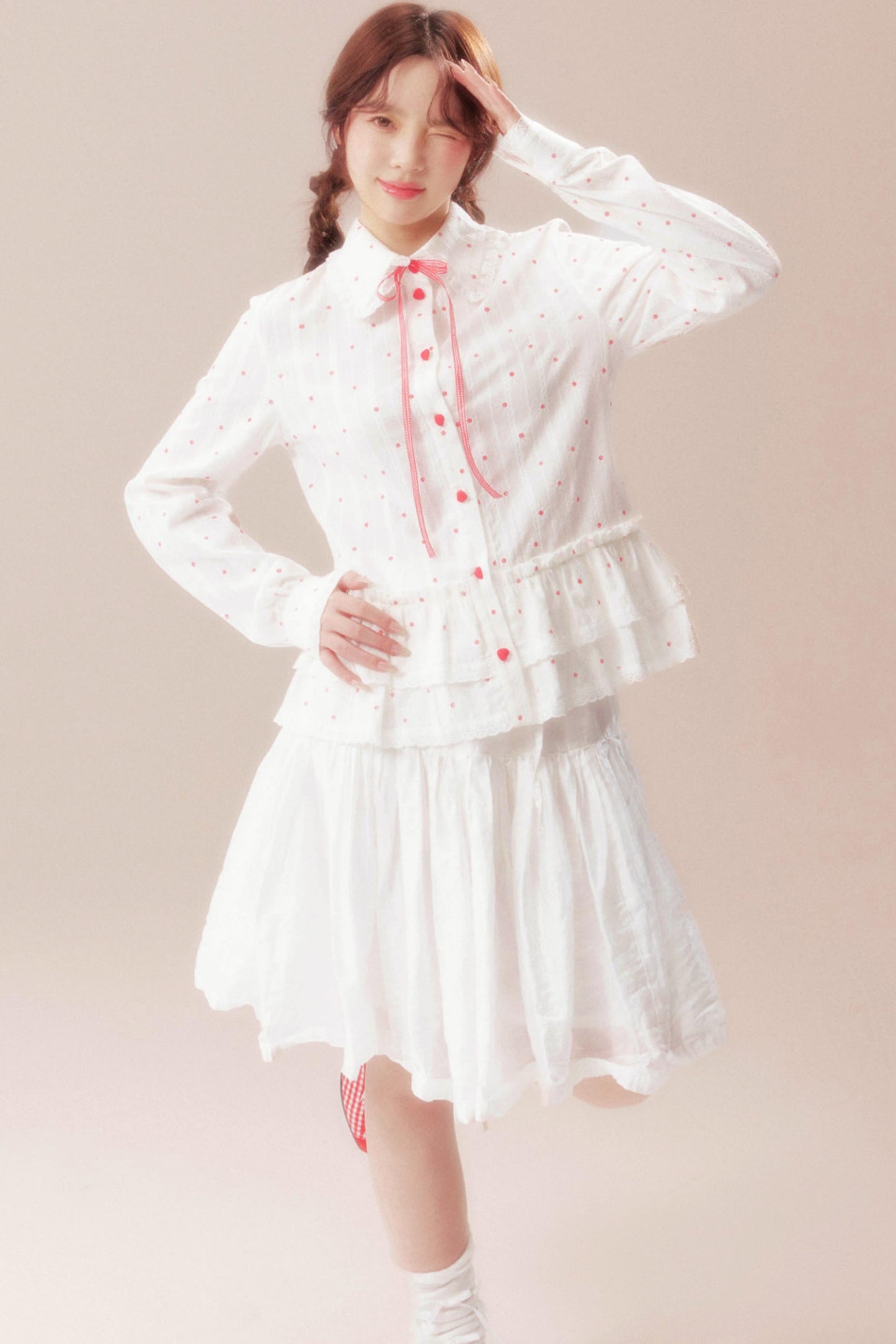 Gardenia Whispering Lace Blouse + Polka Dot Skirt