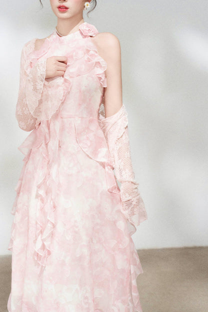 Ruffled Green Chiffon Dress + Outerwear