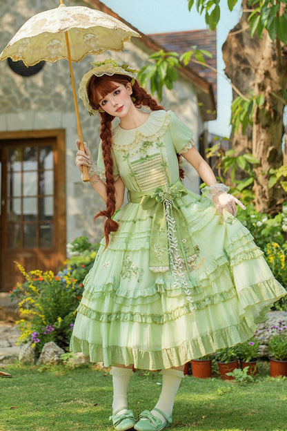 Green Embroidered Lolita One-piece Dress + Cardigan + Hat + Belt + Accessories