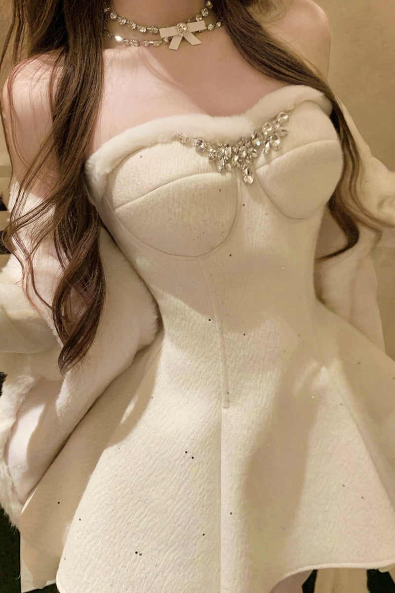 French Off-the-shoulder Dress + Shawl + Sleeves