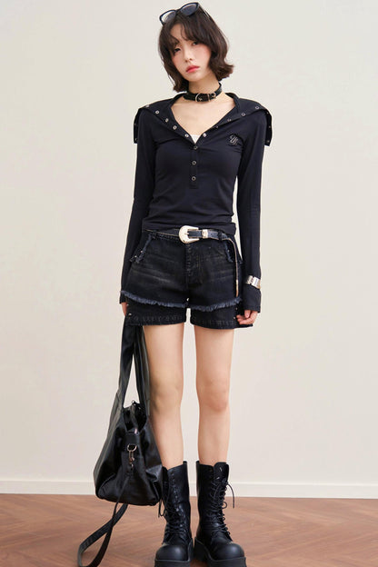 Folded Collar Cut Out Neck Top