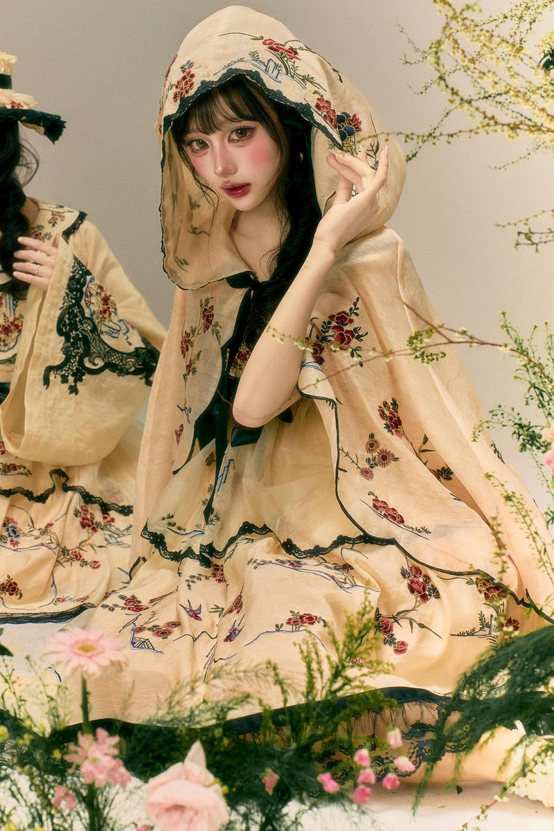 燕と花の和風クラシカルドレス+ケープ+ハット
