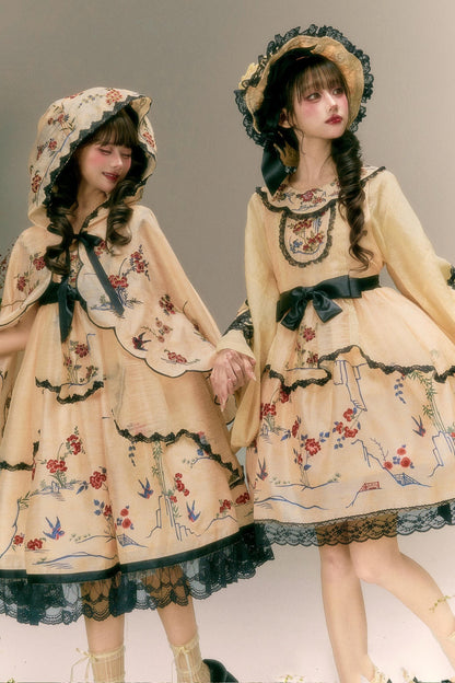 燕と花の和風クラシカルドレス+ケープ+ハット