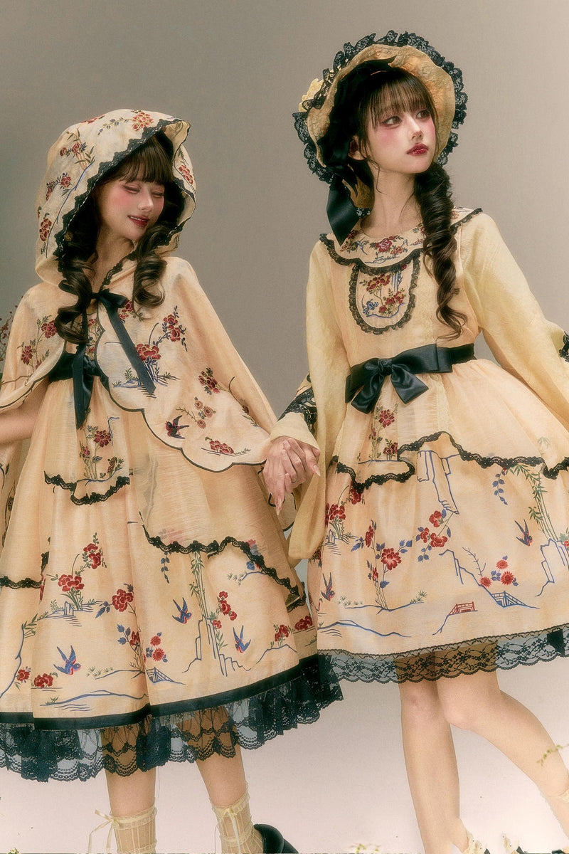 燕と花の和風クラシカルドレス+ケープ+ハット