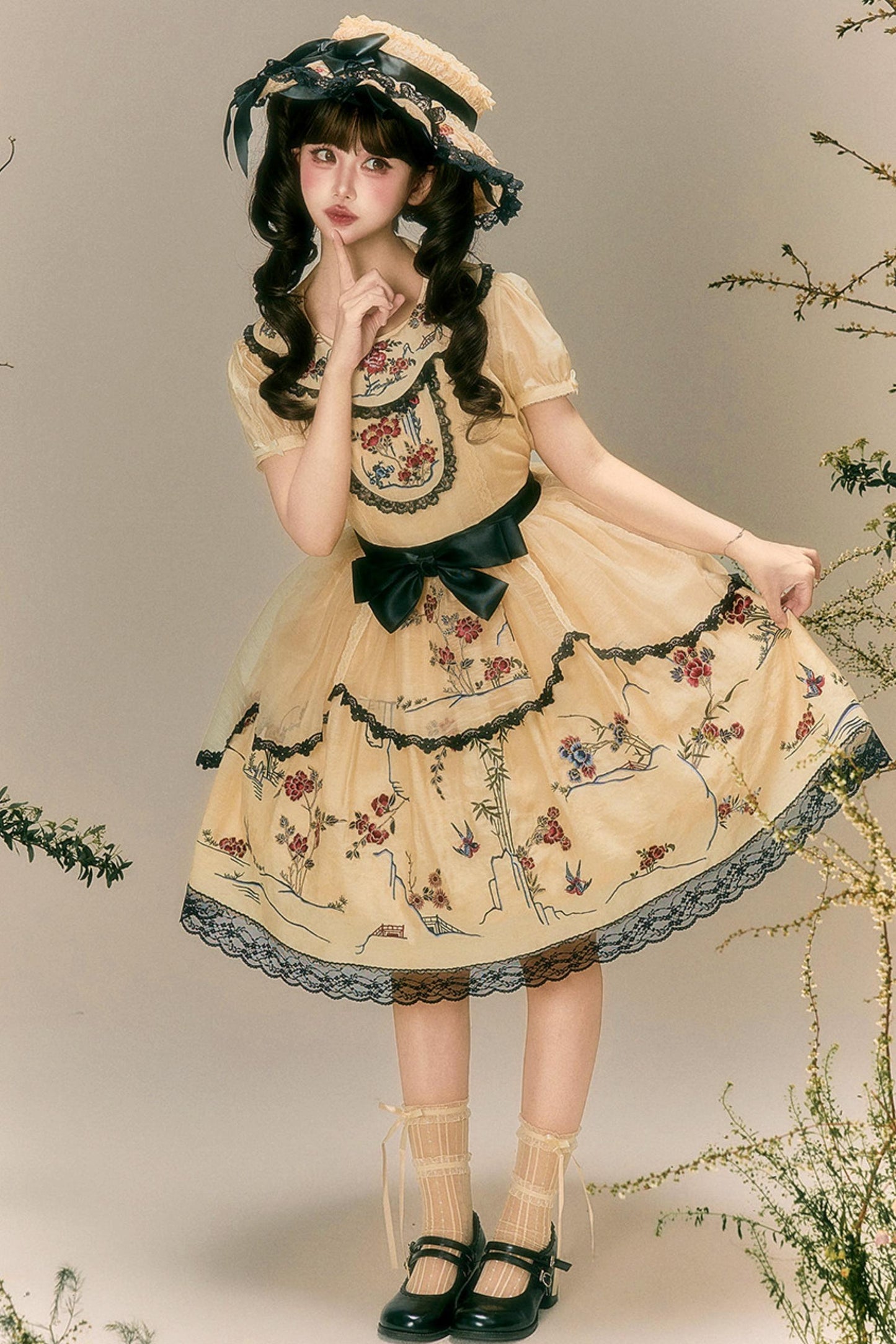 Flower and Bird Printed Dress + Top + Outer + Hat
