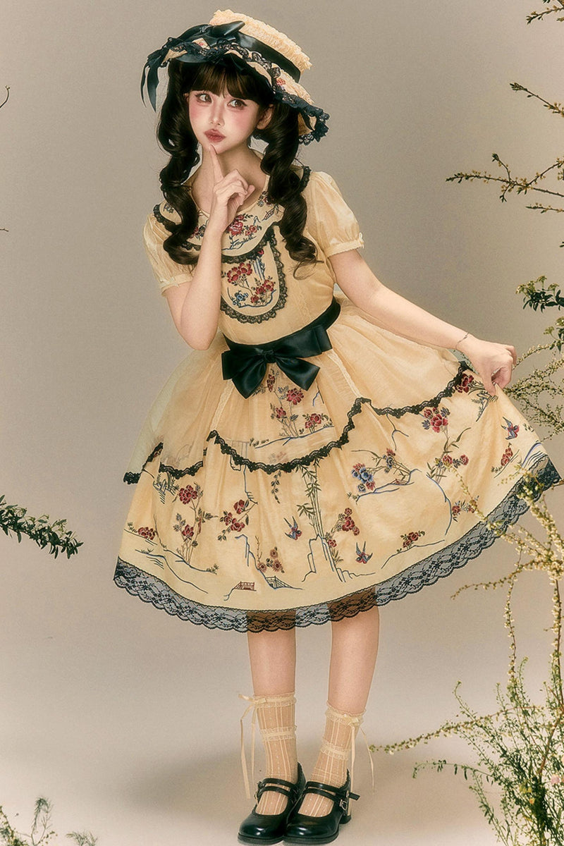 Flower and Bird Printed Dress + Top + Outer + Hat
