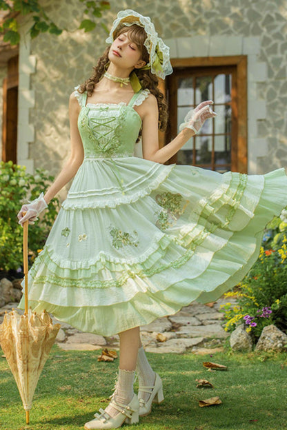 Green Embroidered Lolita One-piece Dress + Cardigan + Hat + Belt + Accessories