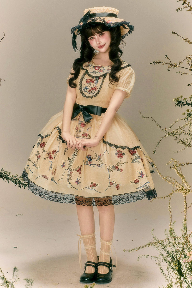 Flower and Bird Printed Dress + Top + Outer + Hat