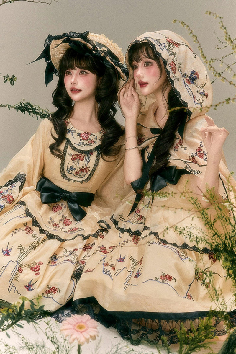 Flower and Bird Printed Dress + Top + Outer + Hat