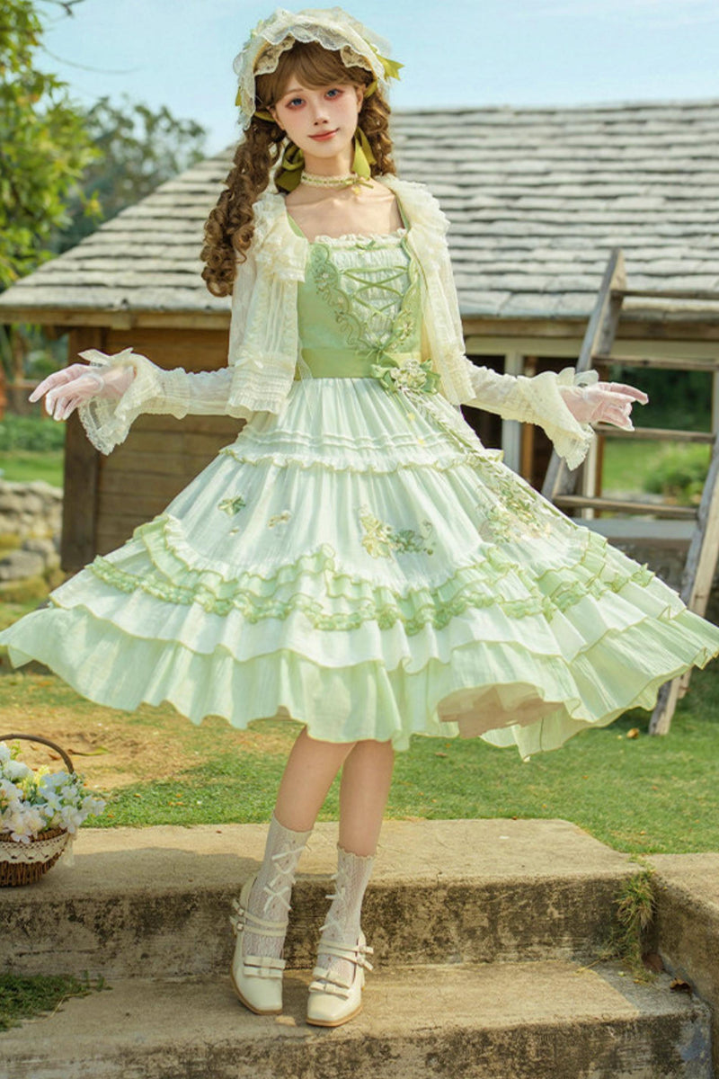 Green Embroidered Lolita One-piece Dress + Cardigan + Hat + Belt + Accessories