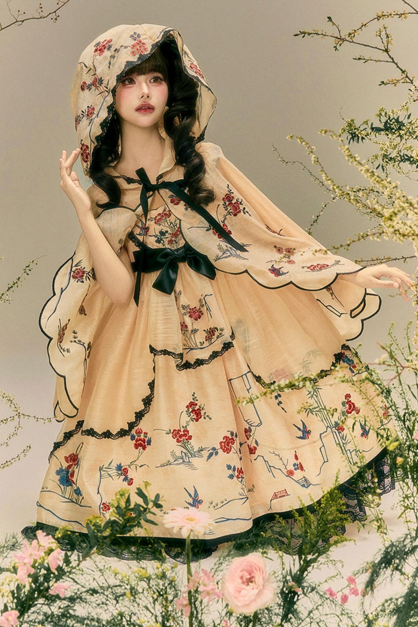 燕と花の和風クラシカルドレス+ケープ+ハット