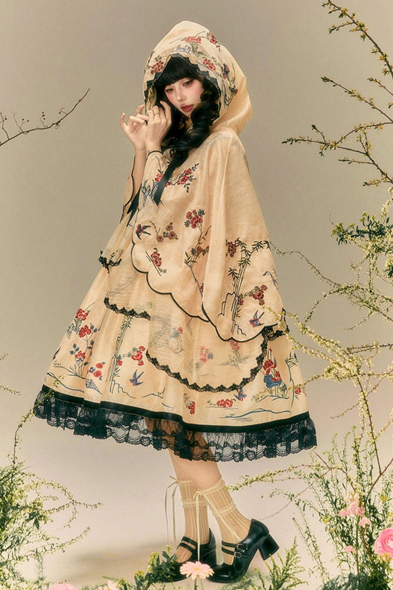 燕と花の和風クラシカルドレス+ケープ+ハット