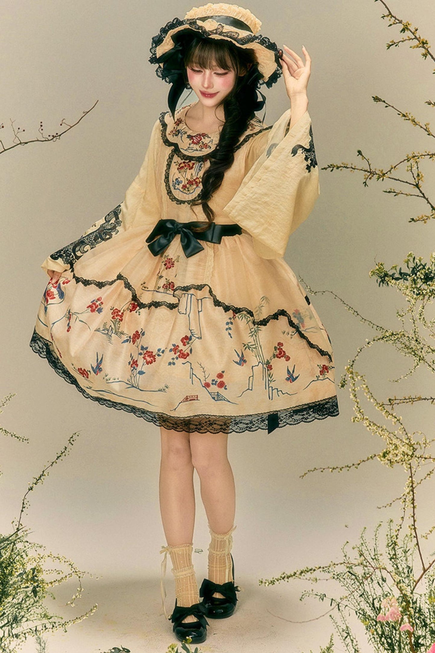 Flower and Bird Printed Dress + Top + Outer + Hat