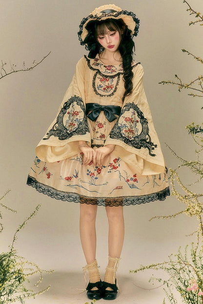 Flower and Bird Printed Dress + Top + Outer + Hat