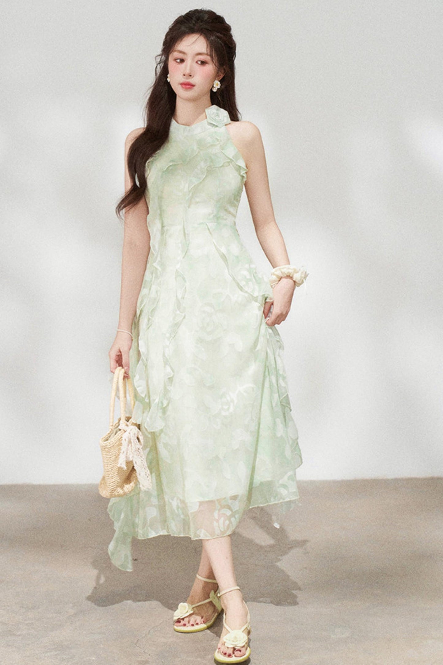 Ruffled Green Chiffon Dress + Outerwear