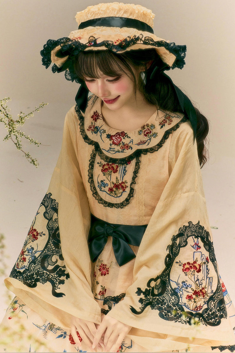 Flower and Bird Printed Dress + Top + Outer + Hat