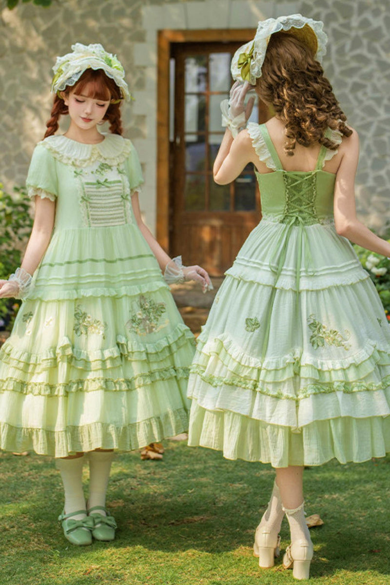 Green Embroidered Lolita One-piece Dress + Cardigan + Hat + Belt + Accessories