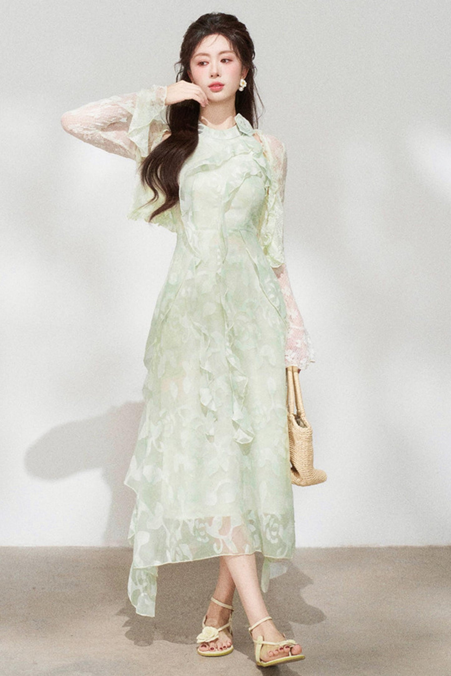 Ruffled Green Chiffon Dress + Outerwear