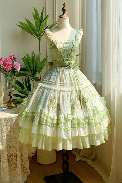 Green Embroidered Lolita One-piece Dress + Cardigan + Hat + Belt + Accessories