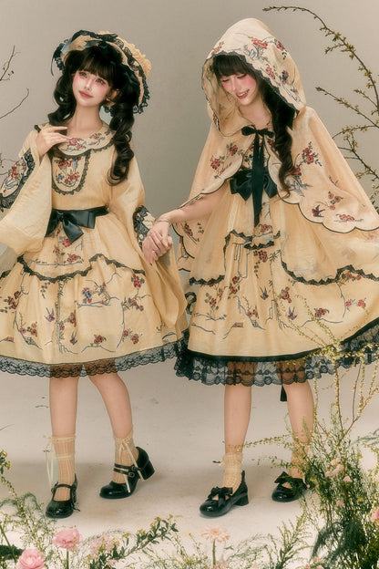Flower and Bird Printed Dress + Top + Outer + Hat