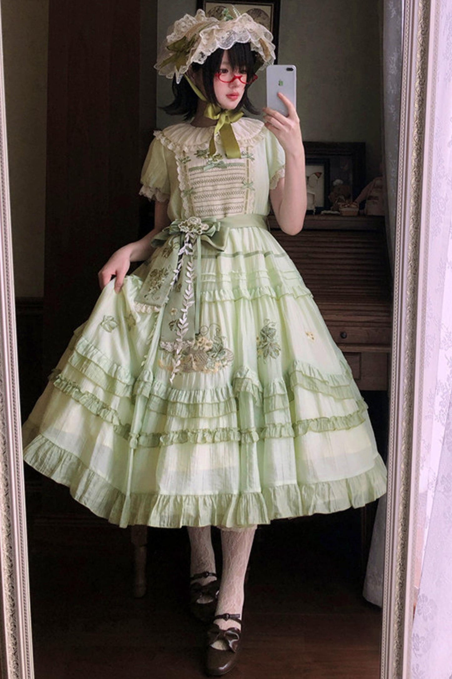 Green Embroidered Lolita One-piece Dress + Cardigan + Hat + Belt + Accessories