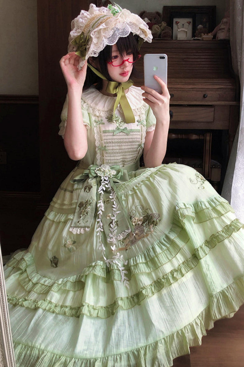 Green Embroidered Lolita One-piece Dress + Cardigan + Hat + Belt + Accessories