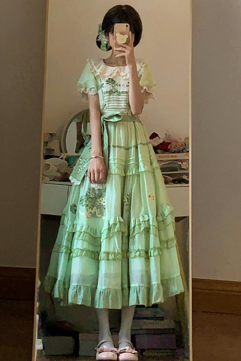 Green Embroidered Lolita One-piece Dress + Cardigan + Hat + Belt + Accessories
