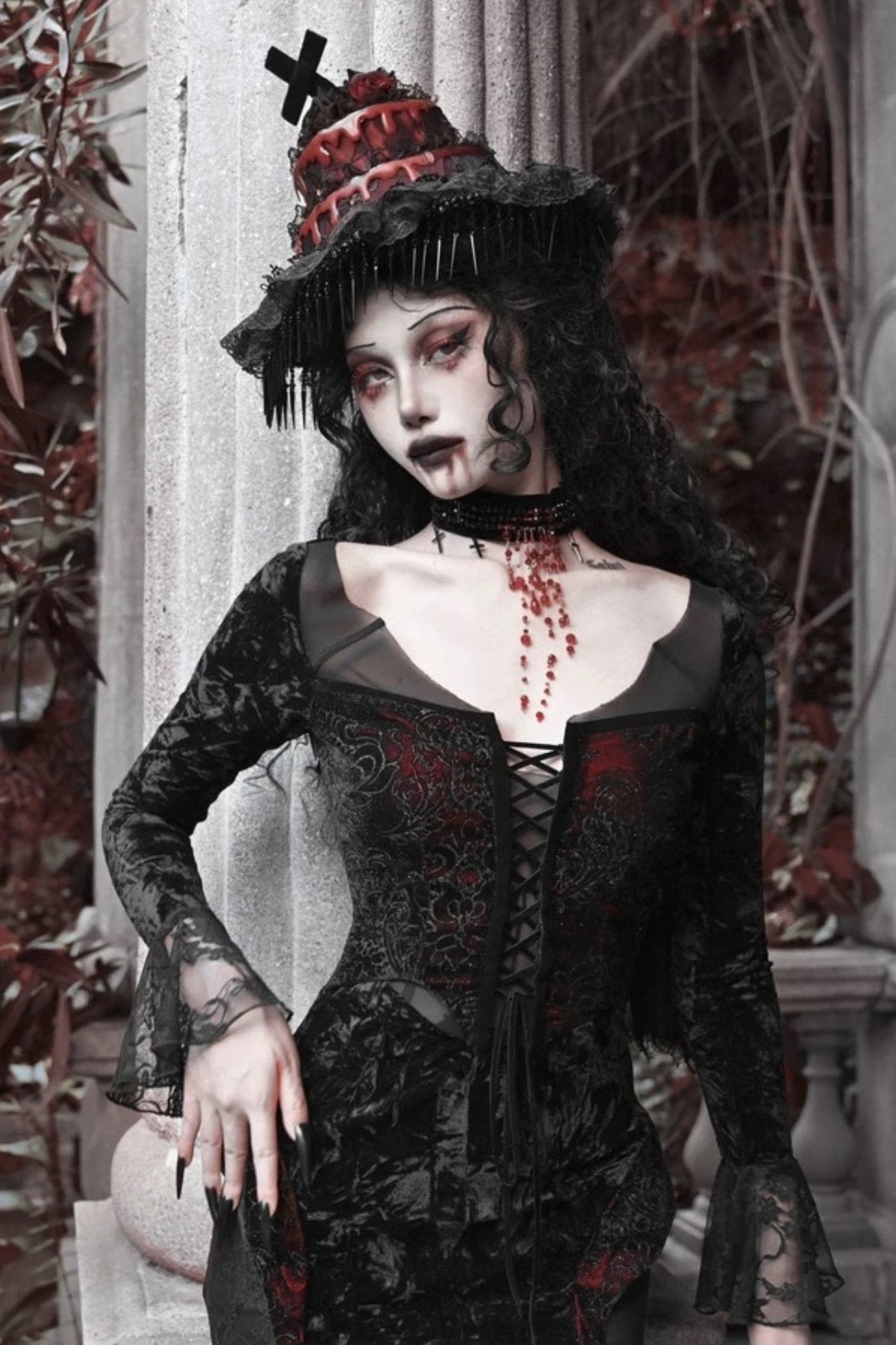 [pre-order] Gothic Velvet Crimson Fish Tail Dress